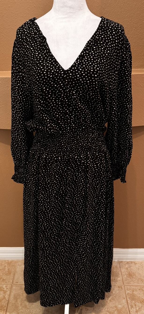 Saint + Sofia Greenwich Black/White Tiered Midi Dress Long Sleeve Pockets Sz 16